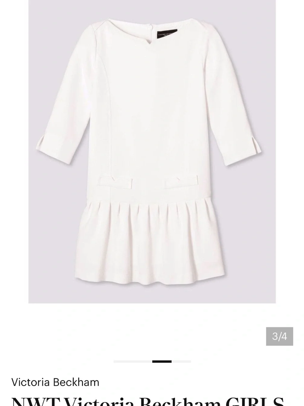 NWT Victoria Beckham Girls XL Cream Drop-Waist Dress Three-Quarter Sleeves